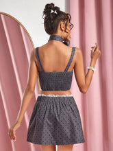 2pcs Sexy Polka Dot Bow Lace Crop Top & Mini Skirt Set For Women